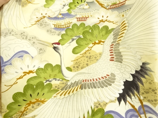 アンティーク　城に鶴・亀模様刺繍紋付男児着物(内袖・長襦袢付き)
